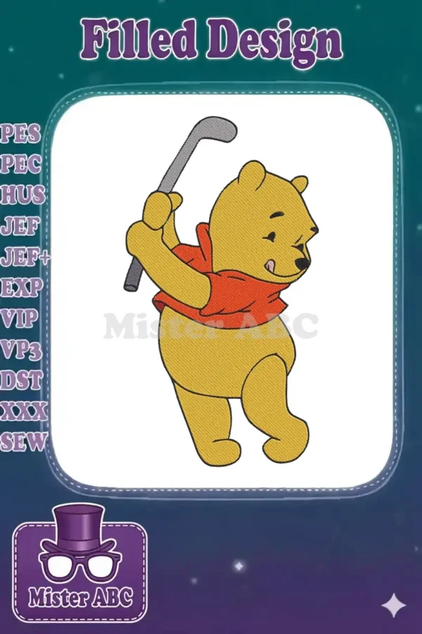 Winnie the Pooh, the beloved bear, in a golfing pose, holding a golf club, featuring vibrant fill stitches.