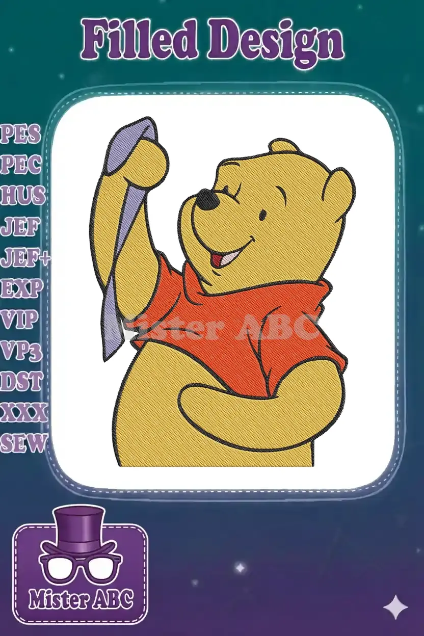Detailed embroidery design of Winnie the Pooh, smiling cheerfully and raising a purple object. Perfect for apparel.