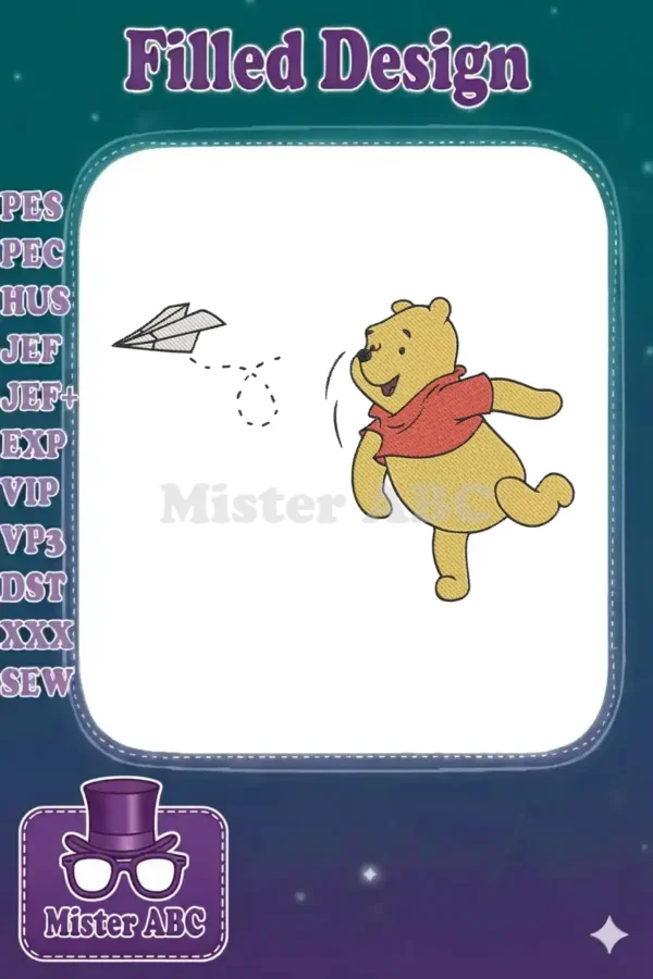 Winnie the Pooh joyfully throwing a paper airplane, a charming and playful embroidery design for various items.