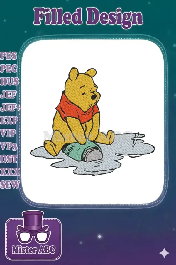 Winnie the Pooh sitting sadly next to an overturned honey pot, with spilled honey, in a detailed embroidery design.
