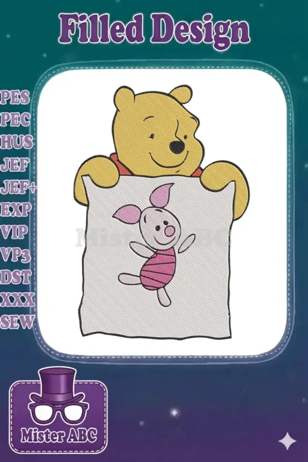 Winnie the Pooh holding a sign featuring a joyful Piglet dancing, a charming embroidery design.