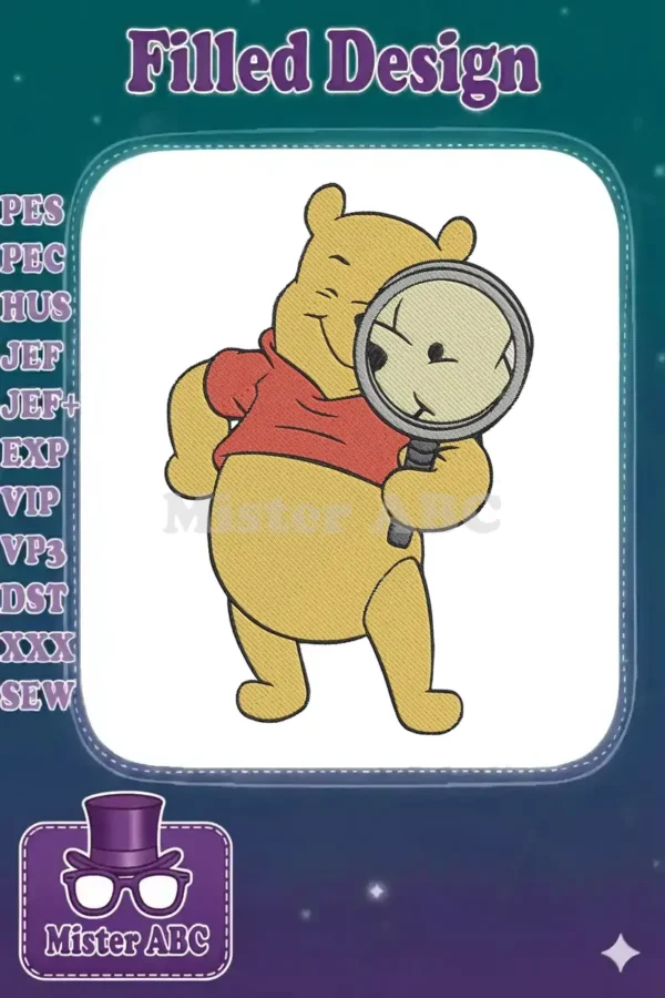 Whimsical Winnie the Pooh embroidery design, happily holding a magnifying glass, ready for adventure and discovery.