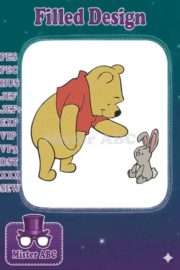 Winnie the Pooh in a red shirt looking at a small, gray Rabbit, both embroidered, on a white background.