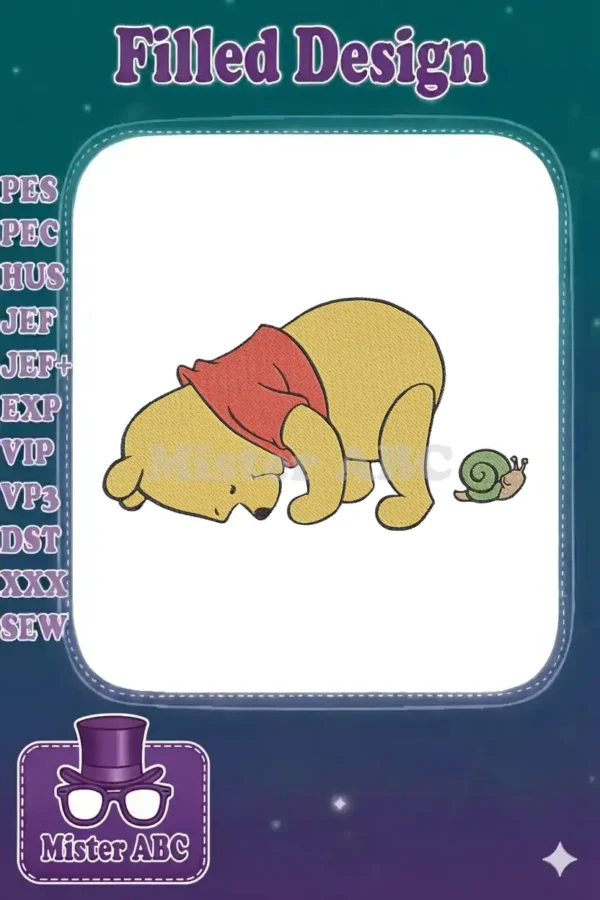 A delightful embroidery design of Winnie the Pooh bending down to observe a small green and brown snail.