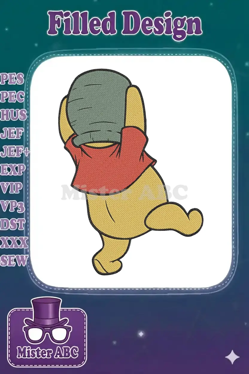 Winnie the Pooh embroidery design, shyly covering his face, rendered in classic colors with detailed stitching.
