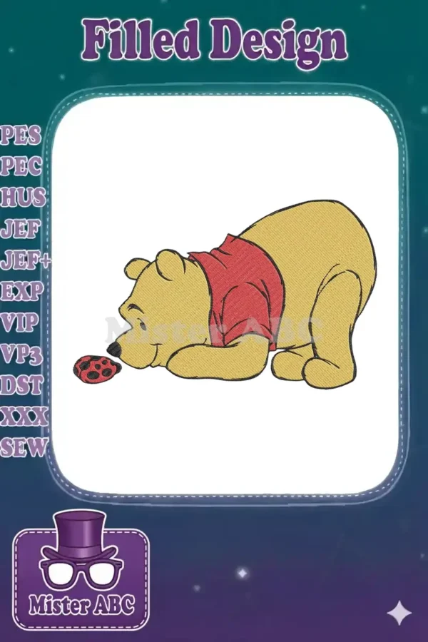 Winnie the Pooh embroidery design featuring Pooh Bear in his classic red shirt, leaning down to observe a red and black ladybug on the ground, against a white background.