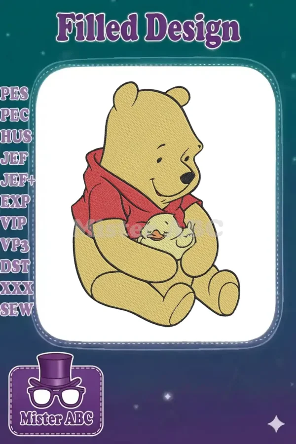 High-quality embroidery design of Winnie the Pooh in a red shirt, gently holding a small yellow duckling. A heartwarming scene.