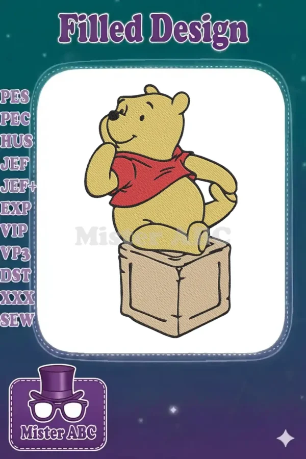 Winnie the Pooh embroidery design featuring the beloved bear sitting contemplatively on a wooden box.
