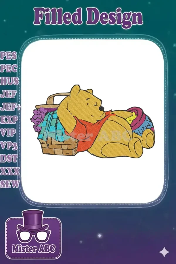 Winnie the Pooh embroidery design, relaxing beside a picnic basket filled with colorful treats and a blanket.