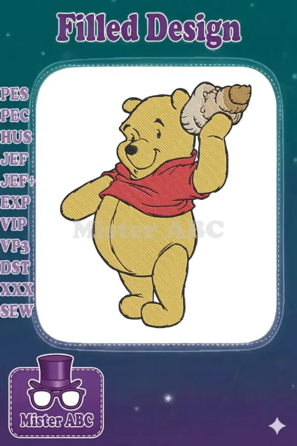 Vibrant embroidery design of Winnie the Pooh, the beloved bear, happily holding a golden pot of honey.