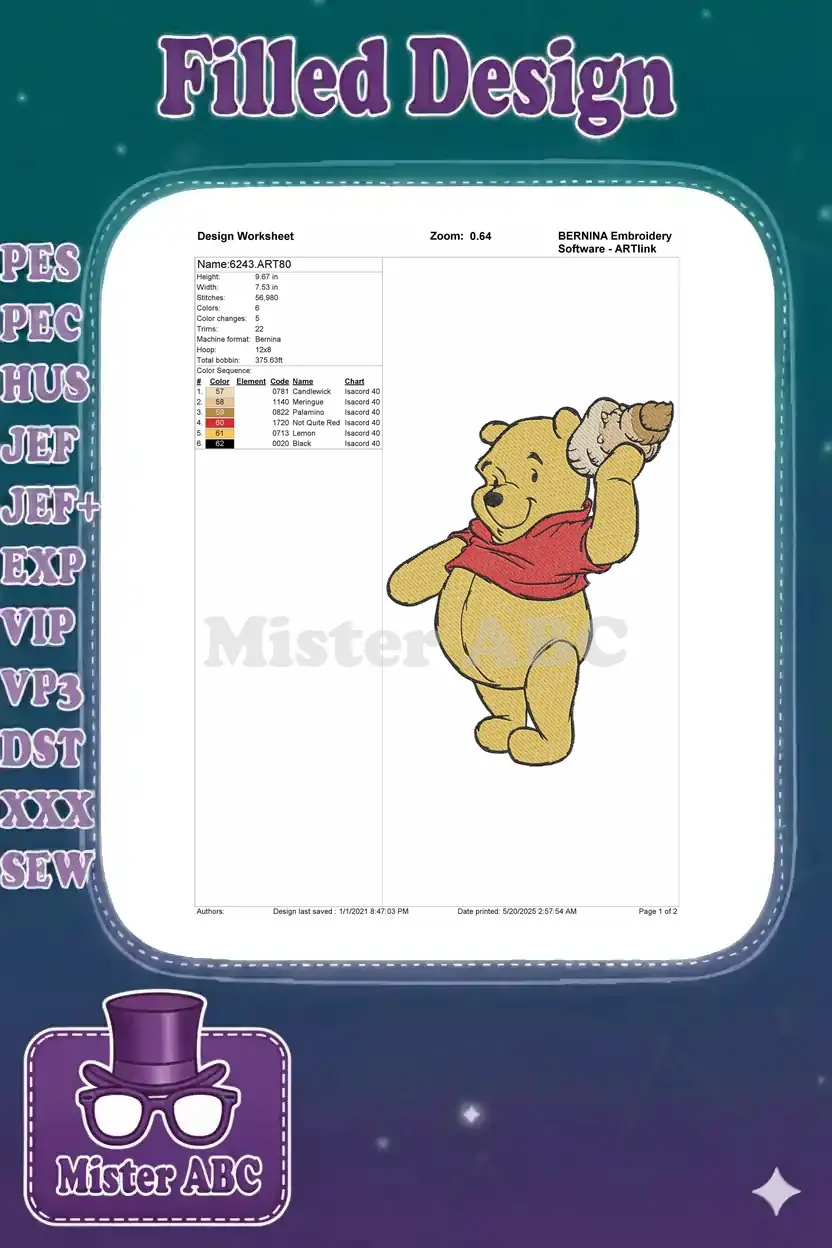 Embroidery design worksheet for Winnie the Pooh, detailing dimensions, stitch count, and color sequence.