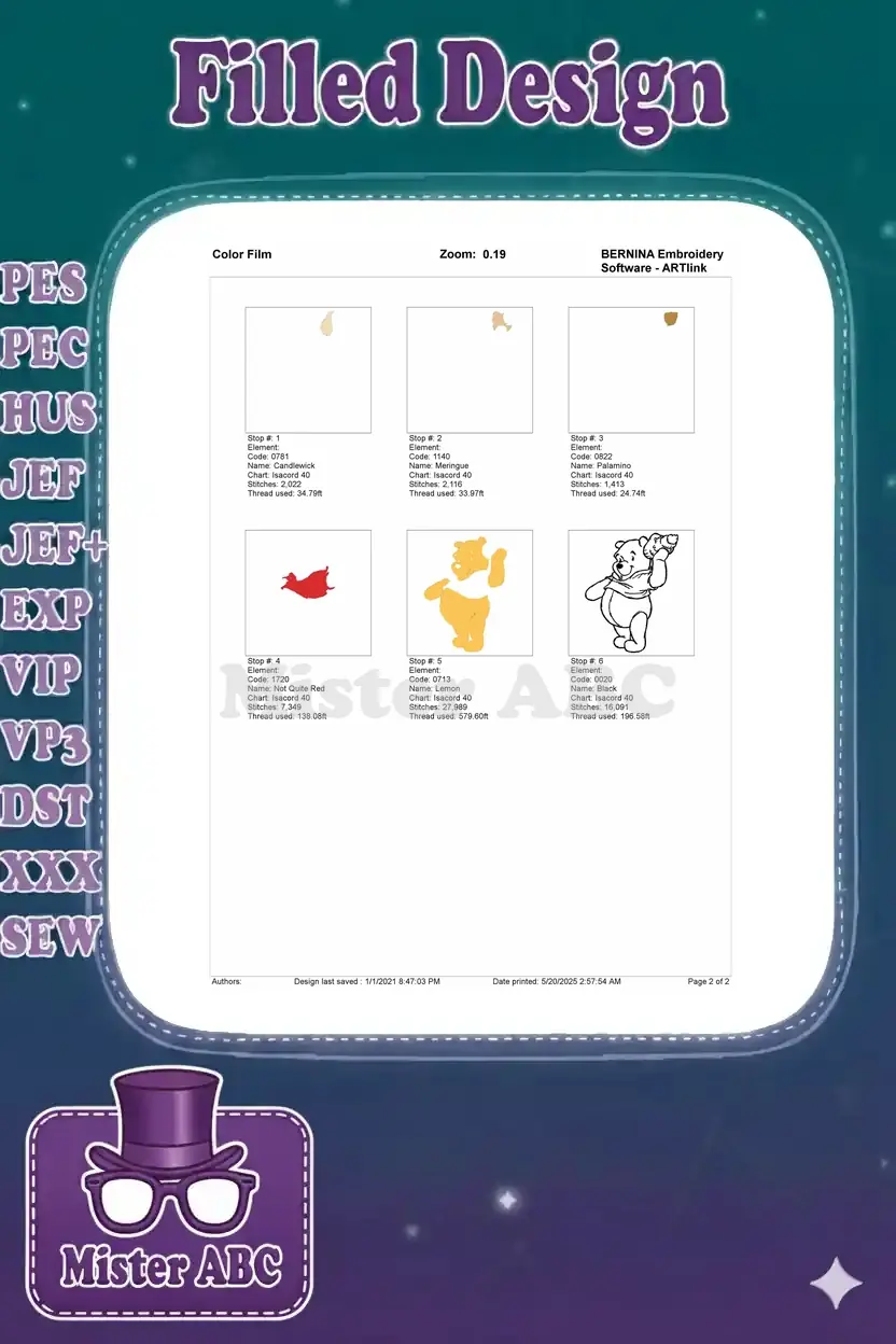 Color film breakdown for the Pooh Bear embroidery design, showing individual stitch sequences and thread usage.