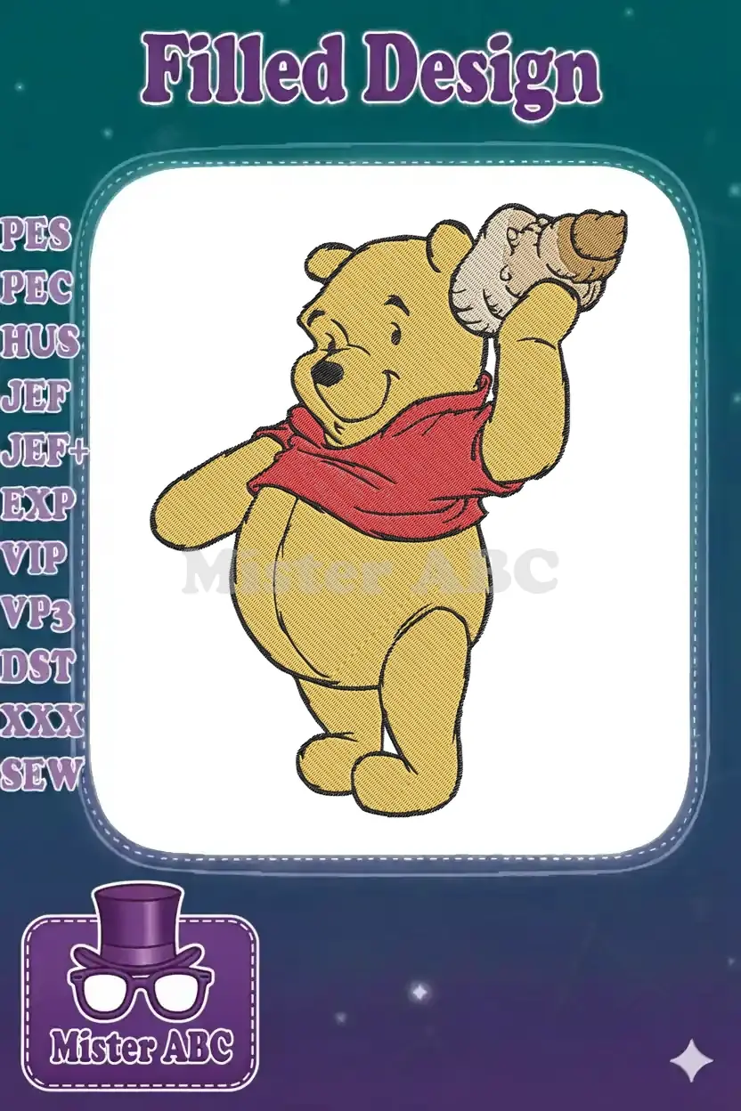 Vibrant embroidery design of Winnie the Pooh, the beloved bear, happily holding a golden pot of honey.