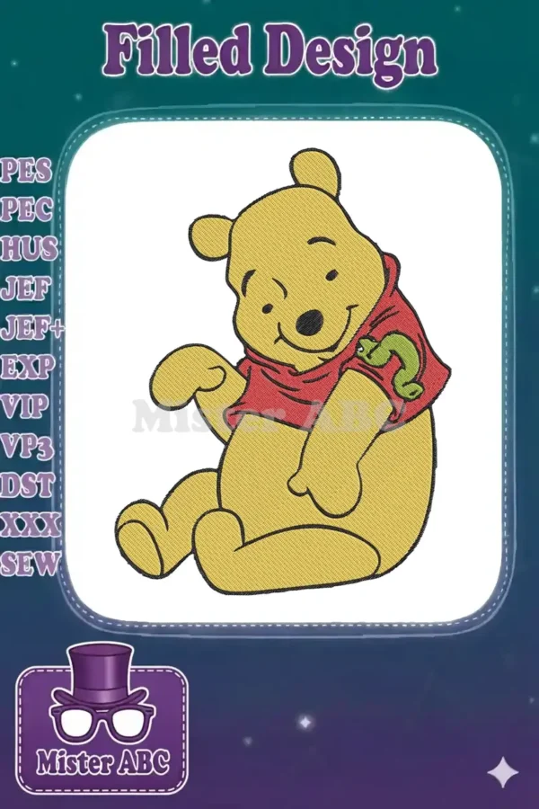 A charming embroidery of Winnie the Pooh sitting, wearing his iconic red shirt with a green snake detail.