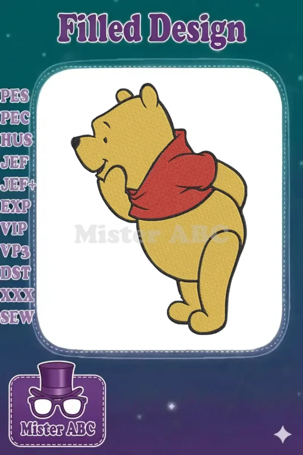 A delightful digital embroidery design of Winnie the Pooh, featuring his iconic yellow fur and red shirt, smiling gently.