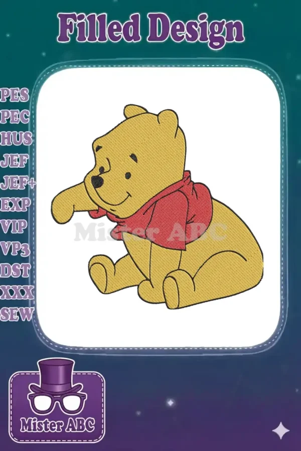 A cheerful Winnie the Pooh embroidery design, sitting with a paw raised, rendered in vibrant yellow and red fill stitches.