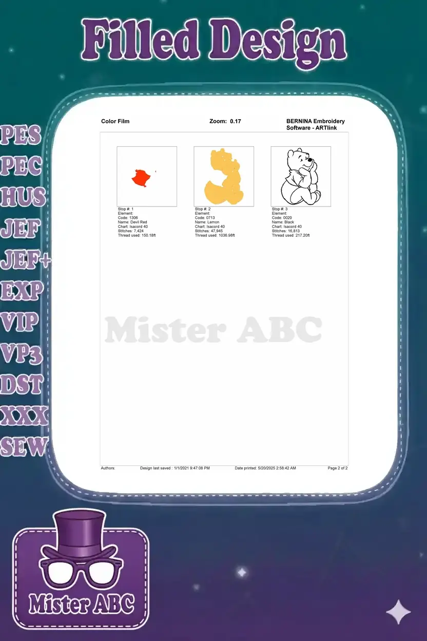 Embroidery design color film showing the stitch order for Winnie the Pooh's red shirt, yellow body, and black outline.