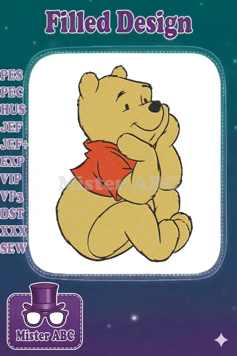 Winnie the Pooh embroidery design featuring the beloved bear sitting with a thoughtful, happy expression, wearing his red shirt.