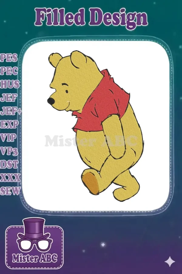 A charming embroidery design featuring Winnie the Pooh walking, rendered in classic yellow and red tones.