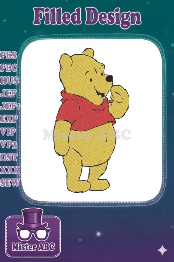 A vibrant embroidery of Winnie the Pooh, standing and smiling, wearing his iconic red shirt on a white background.