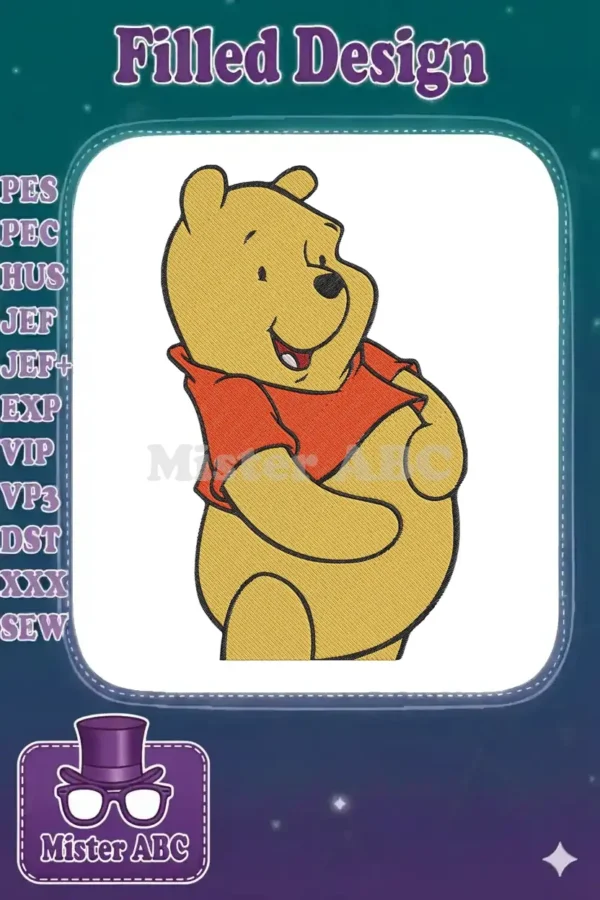 A cheerful Winnie the Pooh embroidery design, featuring his iconic red shirt and a warm, welcoming smile.
