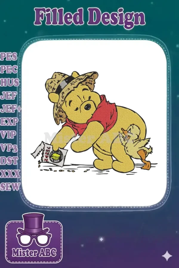 Winnie the Pooh, wearing a straw hat and red shirt, lovingly feeds a small duckling seeds from a packet.