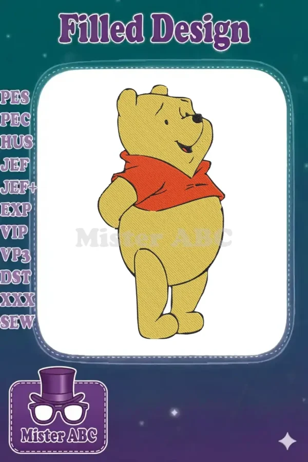 A full-body digital embroidery design of Winnie the Pooh, standing happily with hands behind his back.