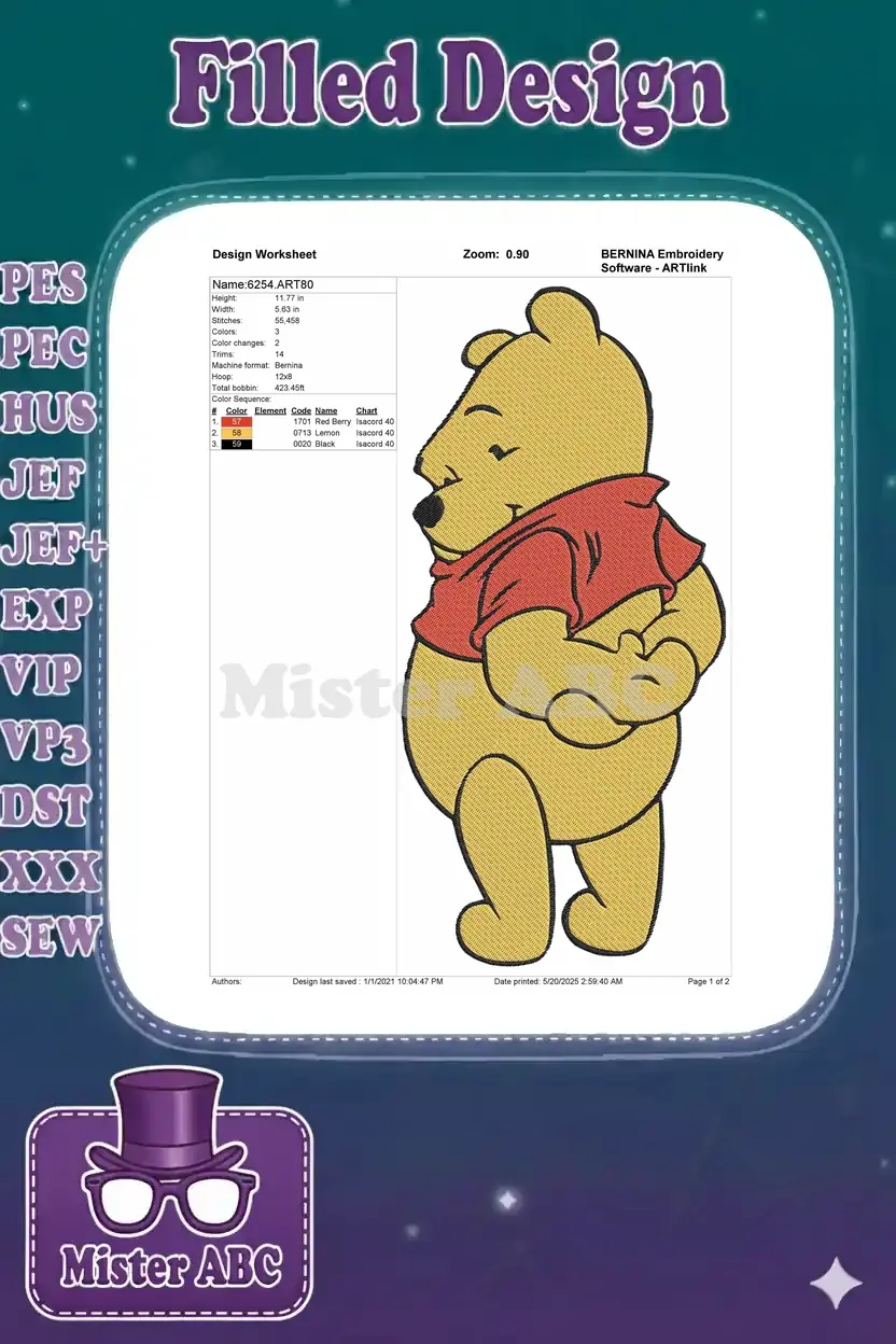 Detailed embroidery design worksheet for Winnie the Pooh, showing dimensions, stitch count, colors, and thread usage.