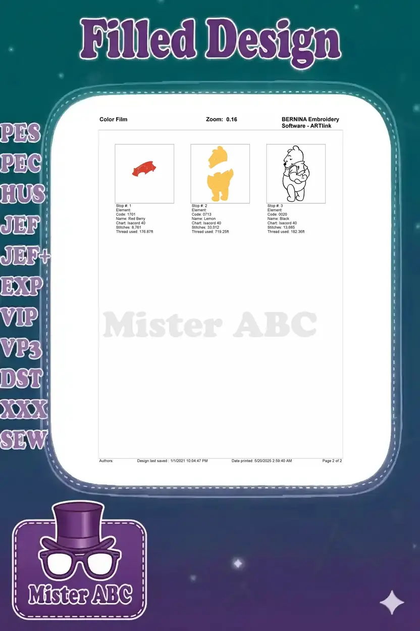 Color film breakdown of the Winnie the Pooh embroidery design, showing individual stitch elements for red, yellow, and black.
