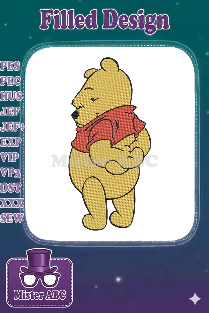 Winnie the Pooh digital embroidery design, featuring the beloved bear standing with arms crossed, in vibrant yellow and red.