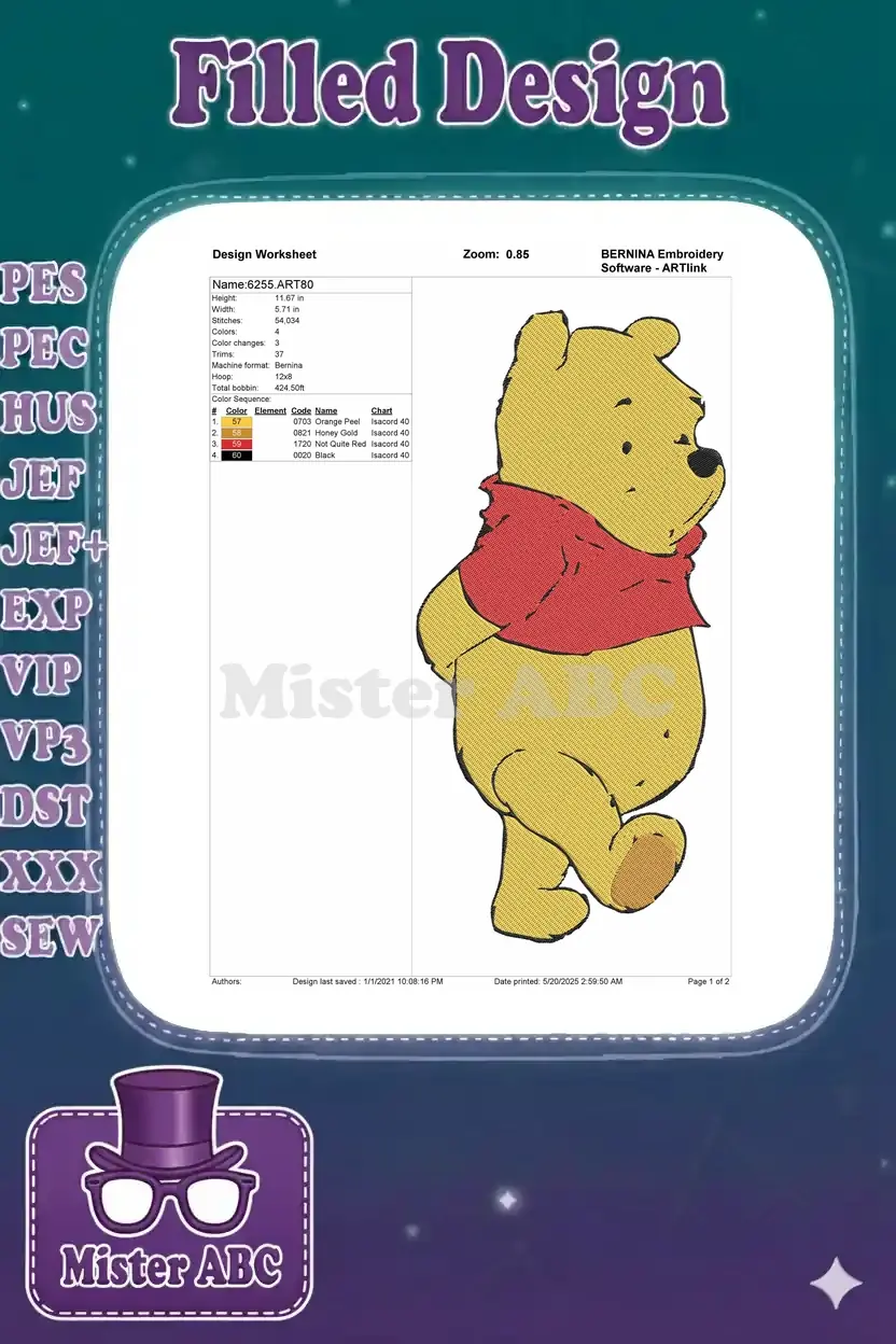Winnie the Pooh embroidery design worksheet showing dimensions, stitch count, colors, and machine details.