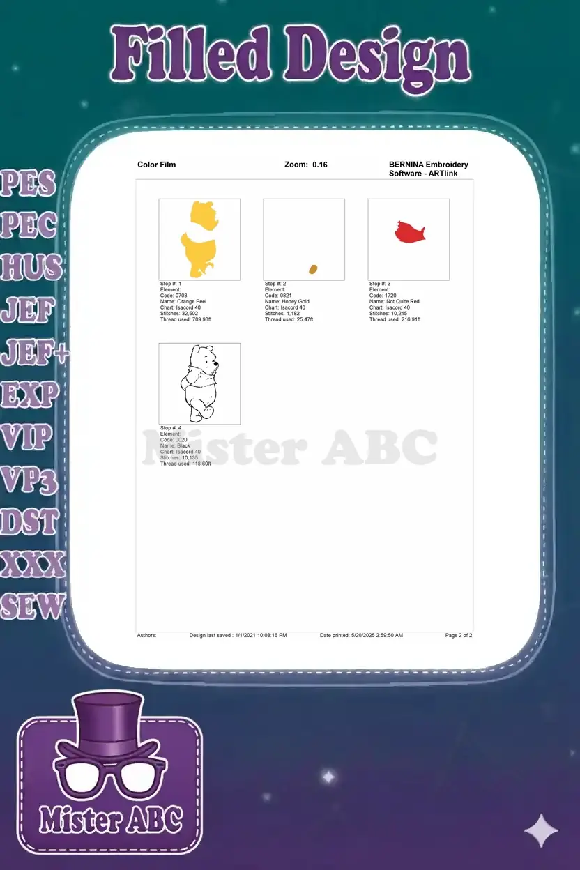 Embroidery color film showing the stitch order and thread usage for each of Winnie the Pooh's colors.