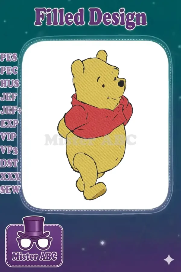 Detailed embroidery of Winnie the Pooh walking, facing right, with his iconic red shirt and yellow fur.