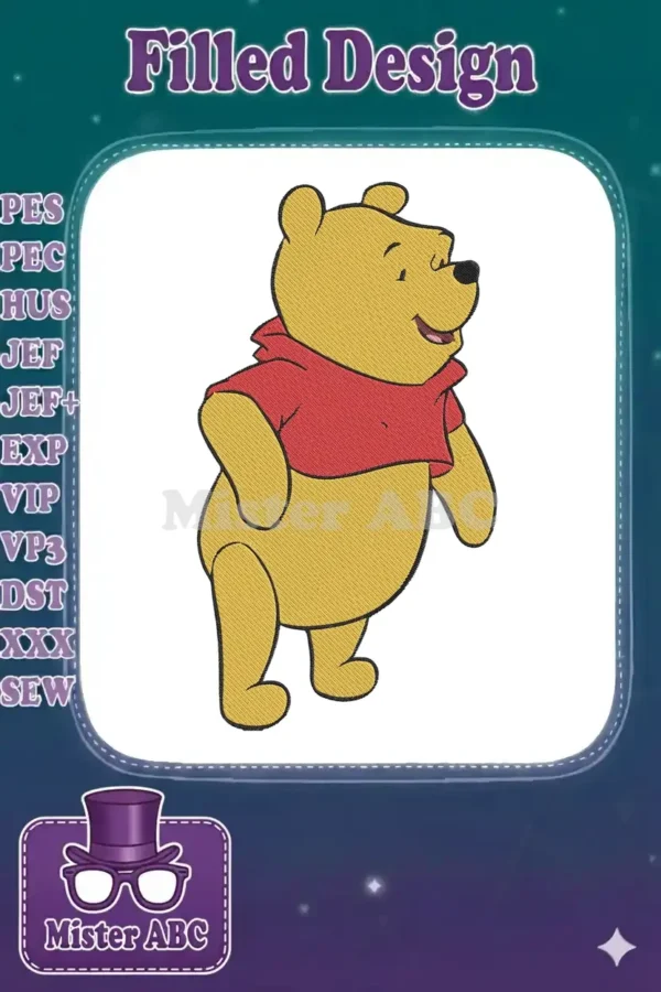 A cheerful Winnie the Pooh embroidery design, featuring the beloved bear in his iconic red shirt, smiling.