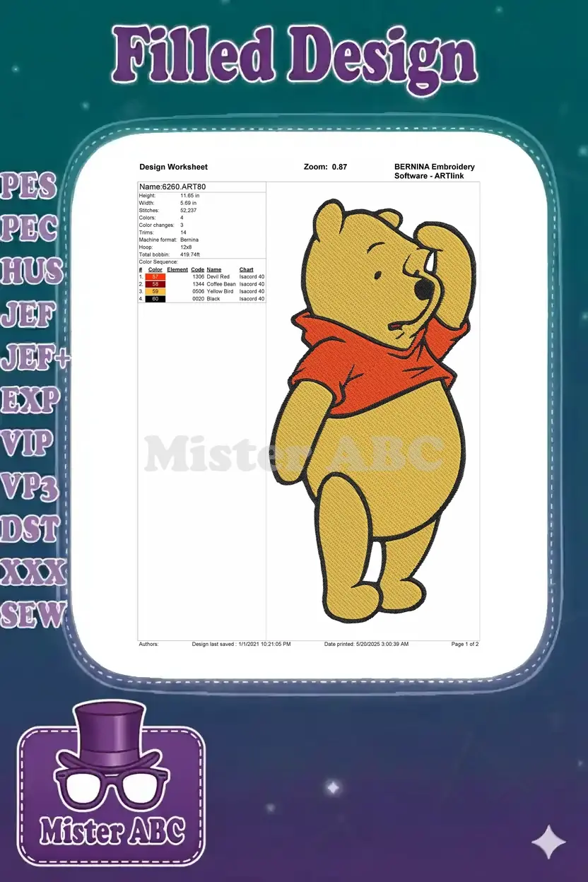 Comprehensive embroidery worksheet for Winnie the Pooh, detailing dimensions, stitch count, color changes, and thread chart.