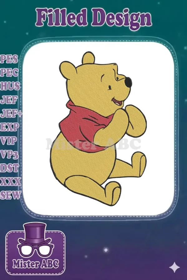 Winnie the Pooh embroidery design, sitting with hands clasped, wearing his iconic red shirt, on a white background.