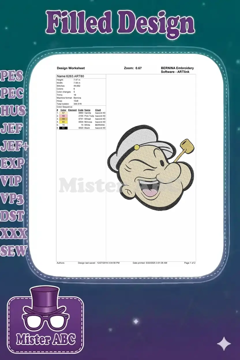 Embroidery design worksheet for Popeye, detailing dimensions, stitch count, color sequence, and machine format.