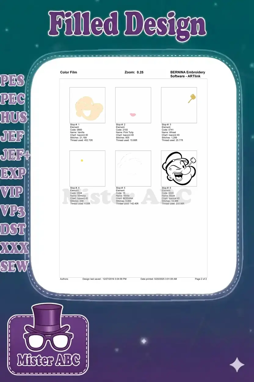 Color film breakdown of the Popeye embroidery design showing individual stitch stops and thread usage.