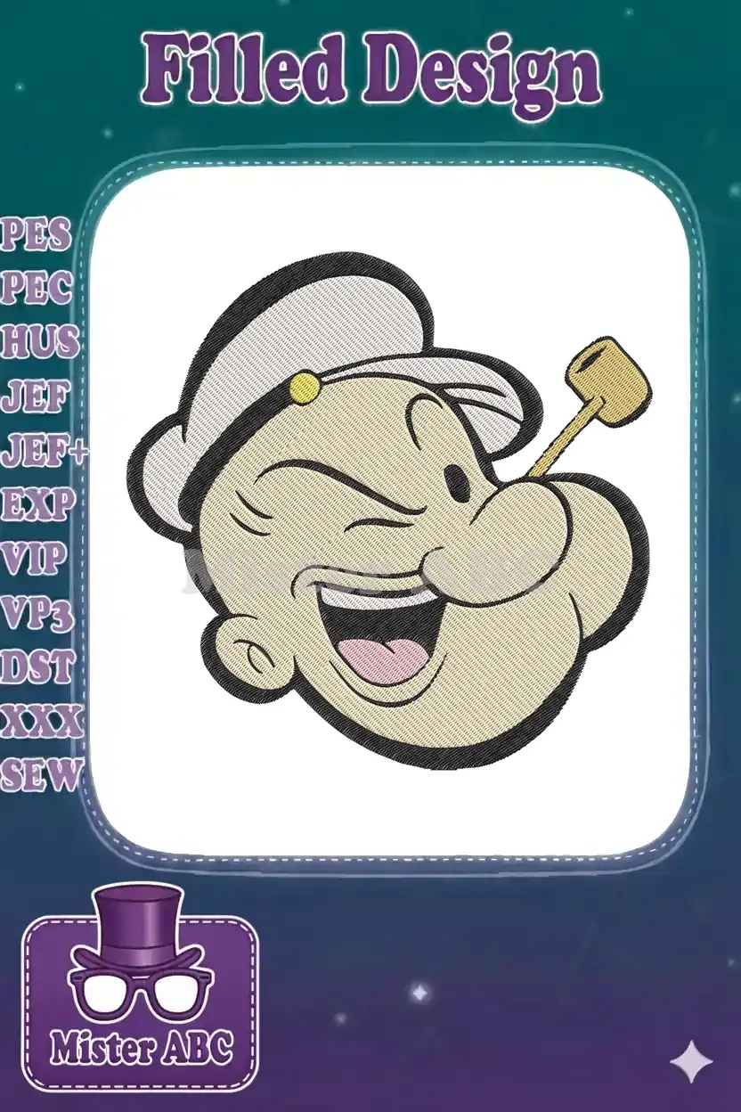 A detailed fill stitch embroidery design featuring Popeye the Sailor Man winking and smiling with his pipe.
