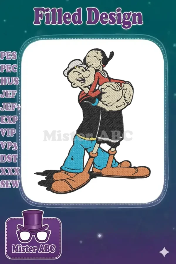 Popeye the Sailor carrying Olive Oyl on his back, a classic cartoon duo in a vibrant, detailed embroidery design.
