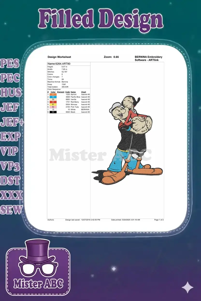 Embroidery design worksheet for Popeye and Olive Oyl, showing dimensions, stitch count, color sequence, and thread details.