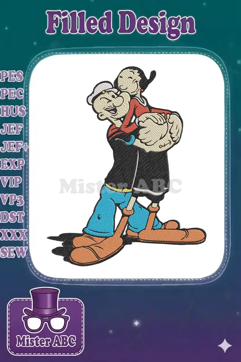 Popeye the Sailor carrying Olive Oyl on his back, a classic cartoon duo in a vibrant, detailed embroidery design.