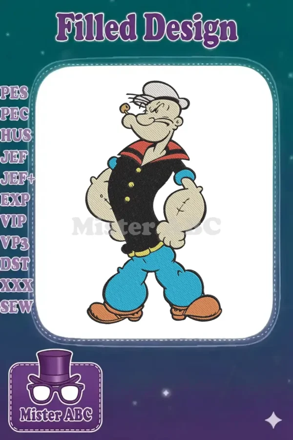 Vibrant embroidery design of Popeye the Sailor, standing confidently with a pipe, featuring bold outlines and rich colors.