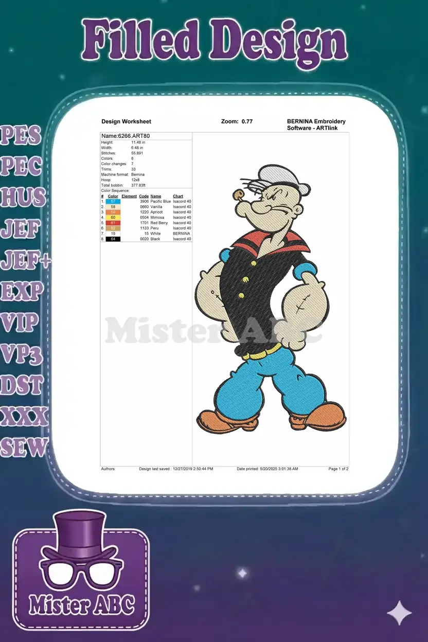 Detailed embroidery design worksheet for Popeye, displaying dimensions, stitch count, color sequence, and machine info.