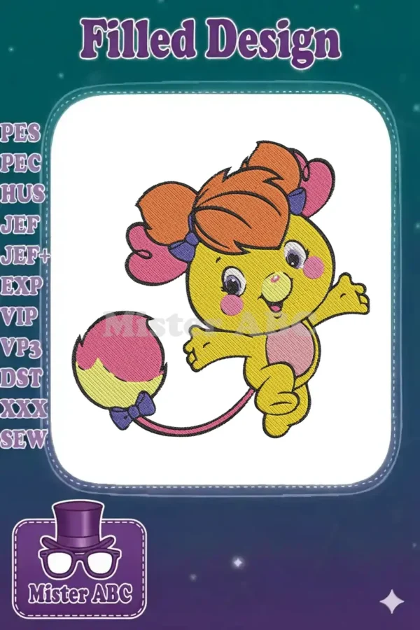 A vibrant embroidery design of Proud Heart Cat, a cheerful yellow feline with orange hair and a pink tail.