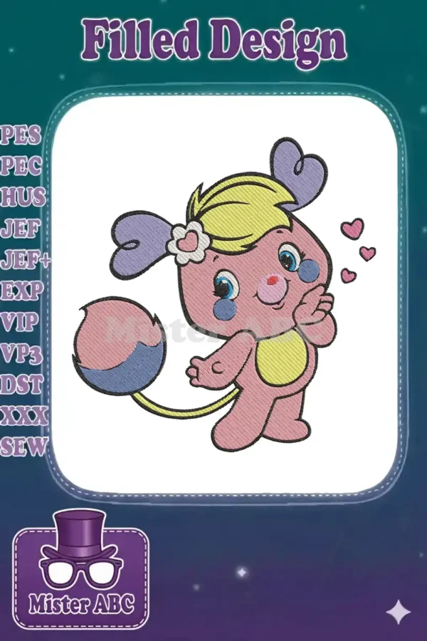 A charming pink fantasy creature embroidery design with large purple ears, yellow hair, and a heart flower, blowing kisses.