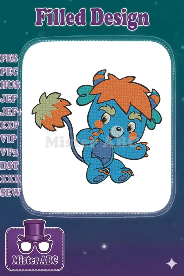 Close-up of a cheerful blue monster embroidery design with orange hair, green accents, and a fluffy tail.