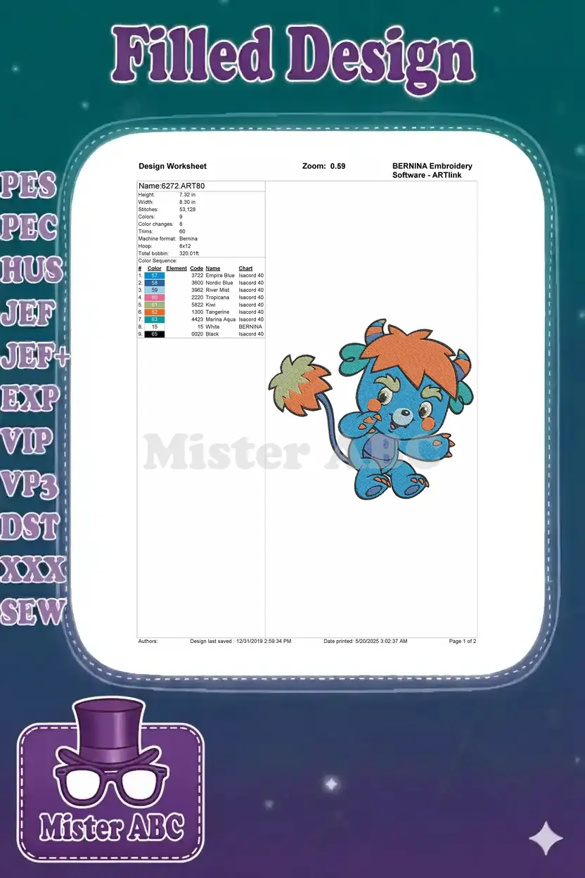 Embroidery design worksheet for item 6272, detailing dimensions, stitch count, and color sequence.