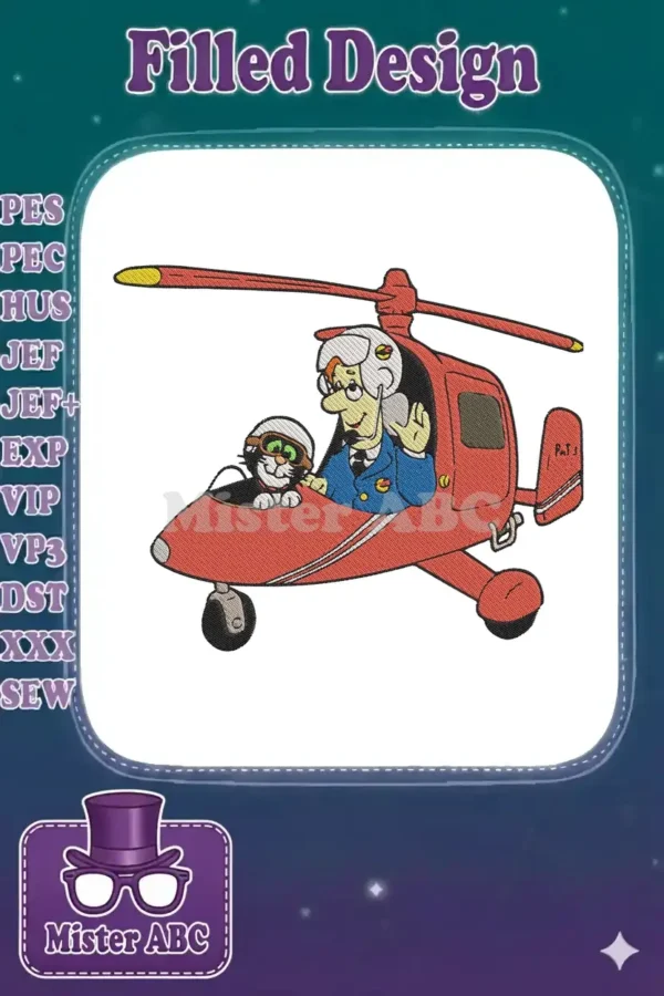 Postman Pat and Jess the Cat in a red helicopter, a detailed and colorful embroidery design for fans.