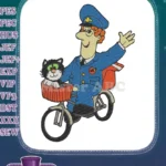 Happy Postman Pat and Jess the Cat bicycle embroidery designs - Instant Download